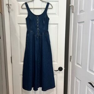 American Eagle Midi Dress Denim Recycled Cotton Cottagecore XS Dark Wash